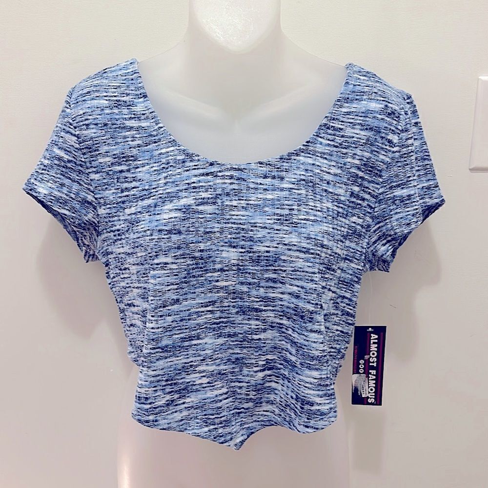Almost Famous Blue White Poly Spandex Blend Croptop Shirt Juniors XL NWT